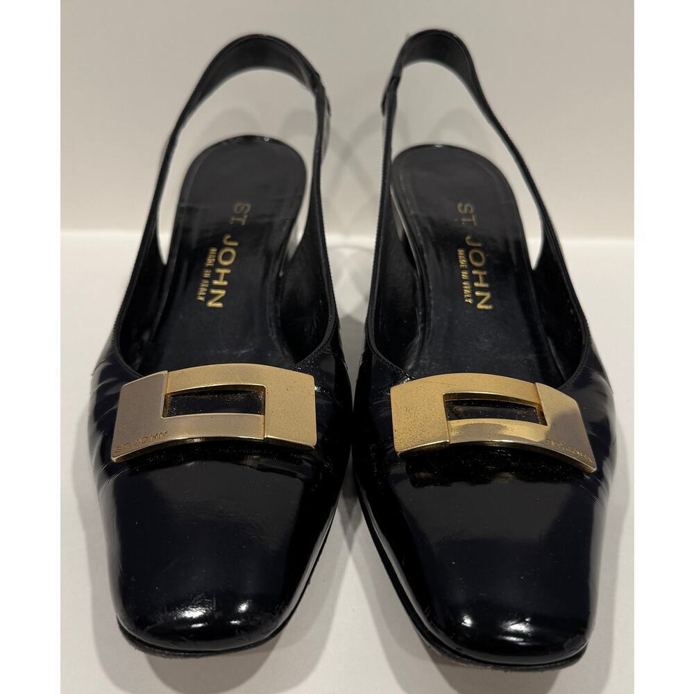 ST. JOHN Patent Leather Heels Slingback Loafers w/ Gold Buckle Size 8 - Picture 2 of 6